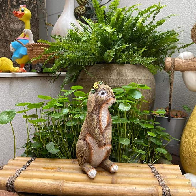 Bunny Outdoor Statues, Rabbit Garden Statues for Lawn Yard Decorations Outdoor Adorable Bunny Wearing Flower Crown, Outdoor Bunny Decor Lucky Rabbit Mom Dad Gifts