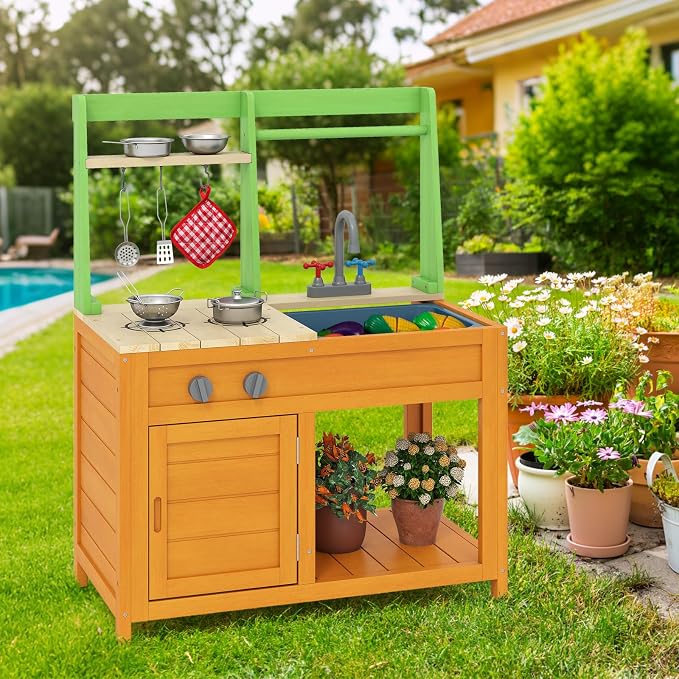 HONEY JOY Mud Kitchen, Fir Wood Outdoor Play Kitchen for Toddlers, Stove, Faucet, Sink, Cookware Accessories, Storage Cabinet, Mud Table Playset for Kids Backyard, Gift for Boys Girls, Natural