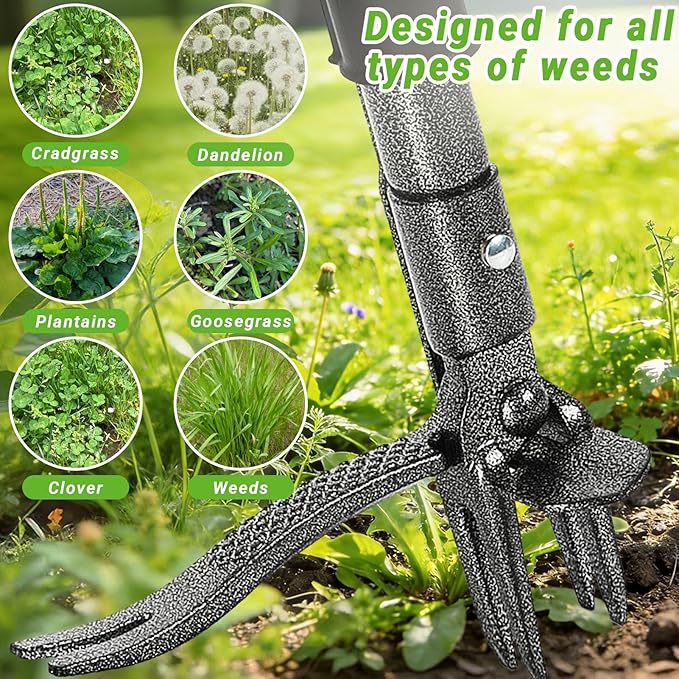 Weed Puller Tool, Heavy Duty Gardening Hand Tools with 4-Claw Steel Head & Dual-Eject Mechanism, 43.5" Bamboo Long Handle Stand Up Weeding Tool for Lawn Yard, Includes 16 Gallon Leaf Bag | 4-Claw Steel Head,Dual-Eject Mechanism,43.5" Bamboo Long Handle