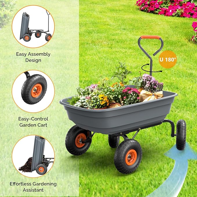 VINGLI Dump Cart Wagon, 600LBS Quick-Release Dump Wheelbarrow, All-Terrain 10" Tires Garden Wagon for Yard, Lawn and Outdoor Use