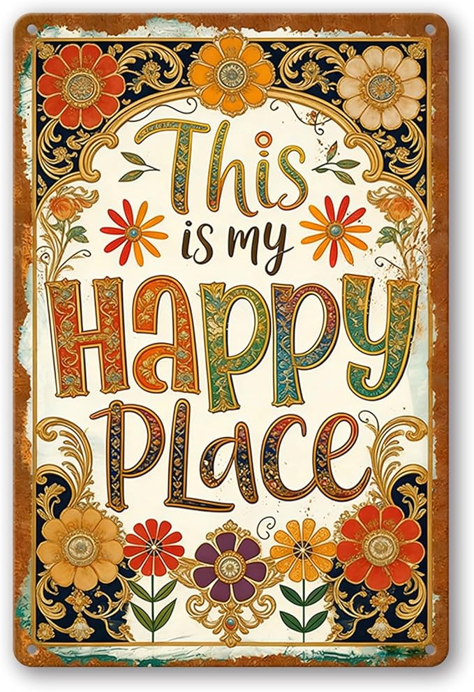 Vintage Garden Signs, Garden Gifts for Women, This Is My Happy Place Garden Decor, Weatherproof Aluminum Metal Sign for Patio Yard Office Bedroom, Boho Wall Decor 8x12 Inch