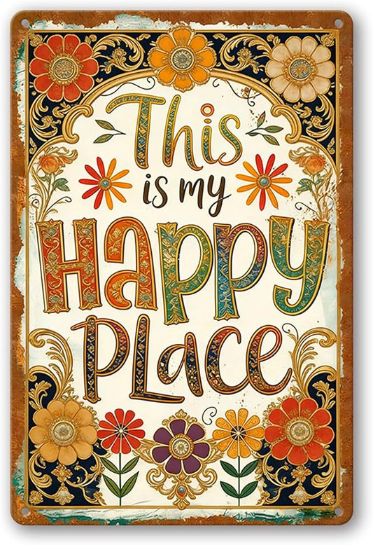 Vintage Garden Signs, Garden Gifts for Women, This Is My Happy Place Garden Decor, Weatherproof Aluminum Metal Sign for Patio Yard Office Bedroom, Boho Wall Decor 8x12 Inch