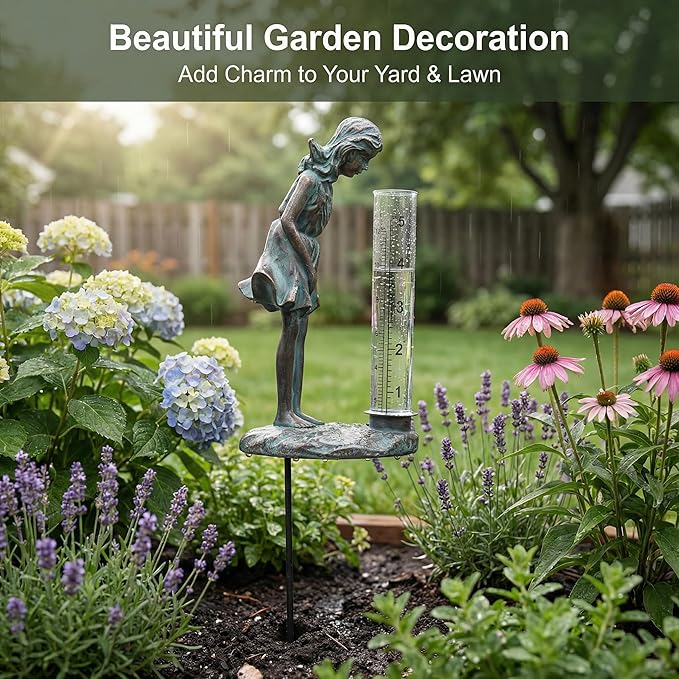Topadorn Rain Gauge Stake Outdoor, Decorative Girl Garden Statue with 5 Inch Clear Rainfall Tube, Weather Resistant Resin Rain Gauge for Yard, Lawn and Flower Beds