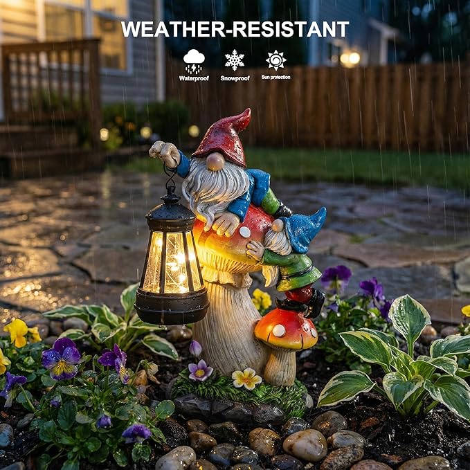 C&Y&G&X Solar Garden Gnome Statue, Waterproof Outdoor Mushroom Decor with Solar Lantern LED Lights, Resin Garden Gnome Yard Art for Lawn Patio Porch, Gifts for Mom Grandma Garden Lovers