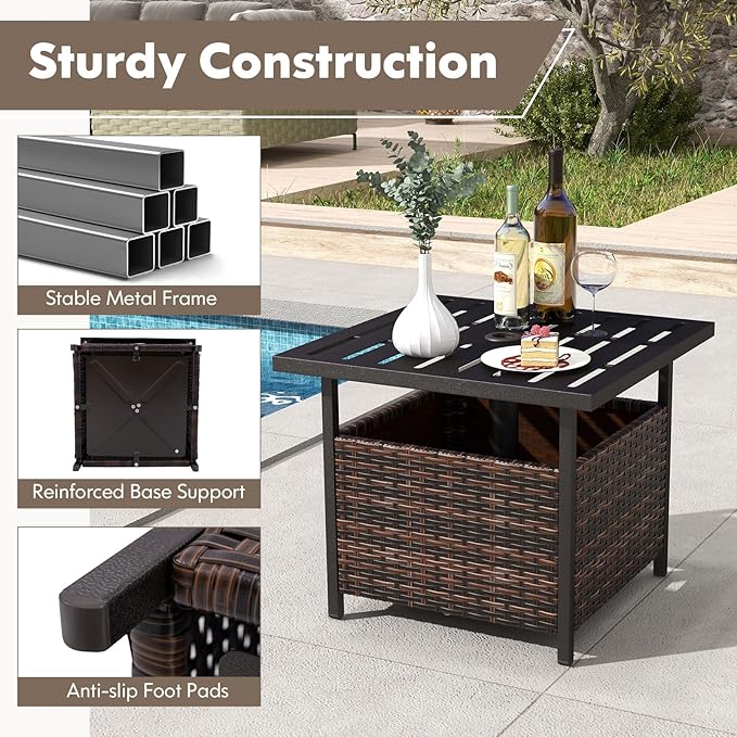 Tangkula Outdoor Table with Umbrella Hole, Rattan Umbrella Stand Table, Wicker Outside Side Table with Steel Metal Frame, Patio Bistro Table for Deck Garden Pool Yard, 22 x 22 x 18.5 Inch (Mix Brown)