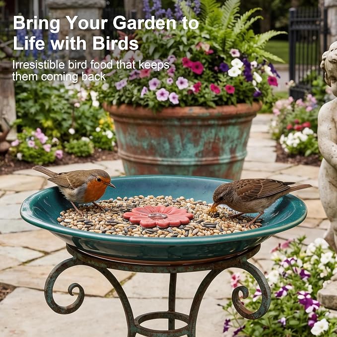 Topadorn 12.2'' Ceramic Birdbath & Birdfeeder for Small Birds Outdoors, 2" Depth Bird Bath Bowl for Vintage Garden Patio Yard Lawn Decor, Blue with Red Flower