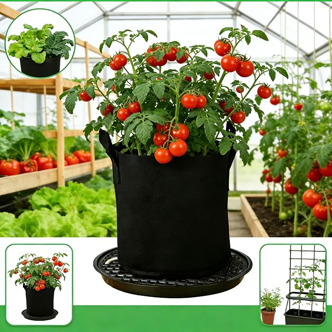ORIMERC 4 Pack Grow Bags 5 Gallon for Growing Strawberry Tomato Self Watering Planter Fabric Plant Grow Bag Come with Plastic Plant Saucer 300G Thickened Garden Pots to Grow Vegetables, Fruit, Flower
