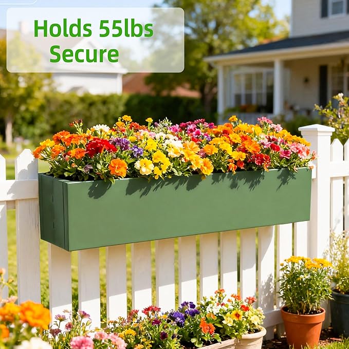 2 Pack Metal Railing Planter Box, 30 Inch Balcony Planters with Adjustable Brackets, Large Hanging Planters for Outdoor Fence Deck