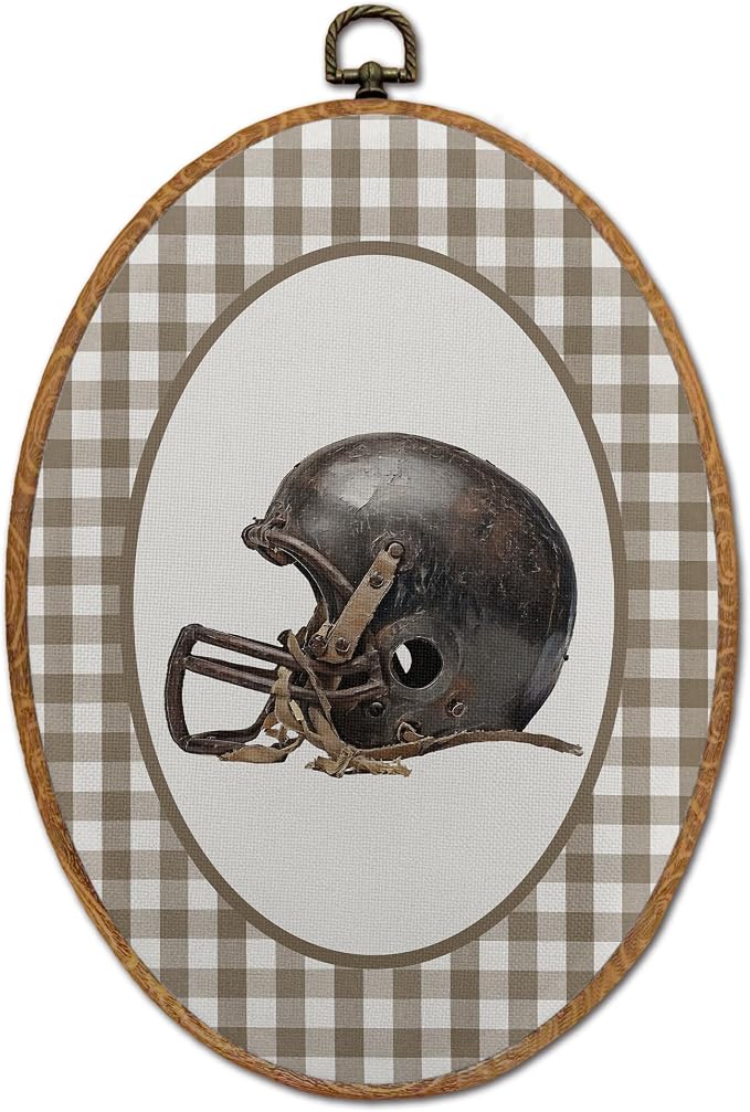 DOFQZ Vintage Football Oval Wall Art Decor, Sports Nursery Framed Wall Art, Boho Plaid Football Helmet Walls Hanging Decor for Boys Room Bedroom Playroom Sports Room, 8.5x11.5 Inch