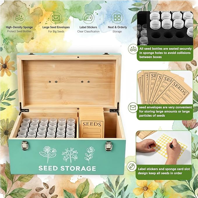 60 Slots Seed Storage Organizer, Bamboo Seed Saving Box with Lid and Safety Locks, Seeds Storage Container with 60 Seeds Envelopes and 64 Label, Perfect for Flower Plants Garden