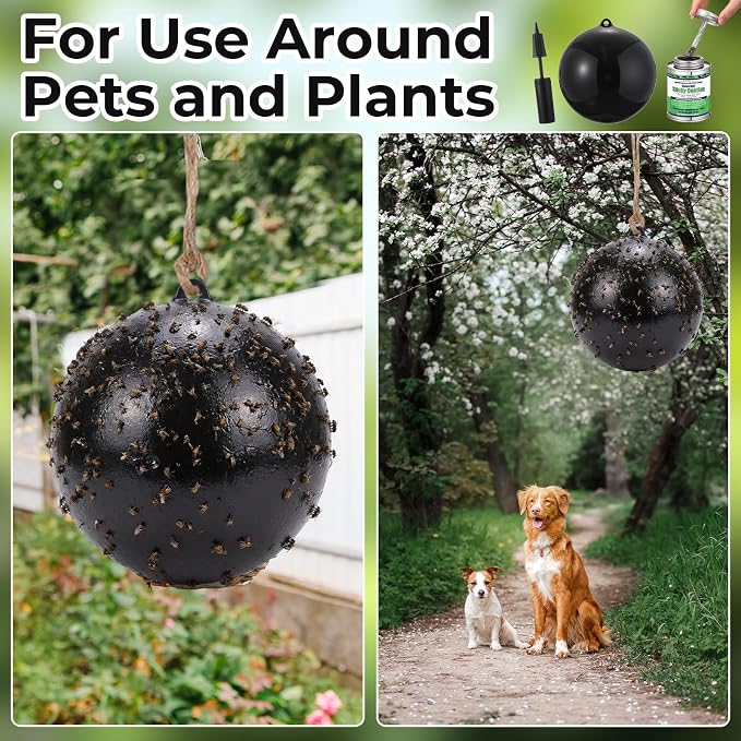 3 Pcs Large Fly Trap Balls Hanging Fruit Fly Traps Outdoor Adhesive Insect Balls with a Sticky Coating Glue Air Pump Insect Catch Sticky Bug for Farm Orchard Deerflies Mosquito (Black)