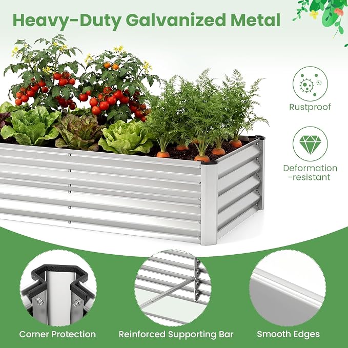 Giantex 4x2x3 FT Galvanized Raised Garden Bed with Greenhouse Cover, Outdoor Elevated Metal Planter Box w/Dual Roll-up Windows, Mini Greenhouse for Patio Balcony Vegetables Herbs Flowers (Silver)