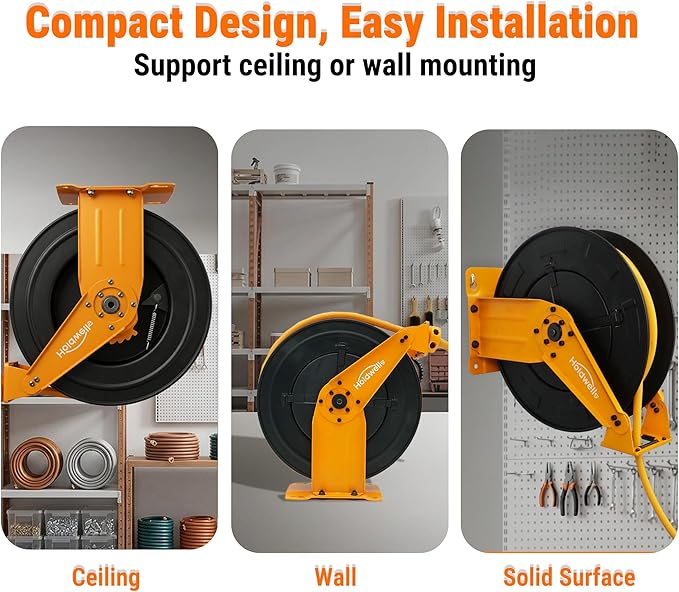 Retractable Air Hose Reel, 3/8" x 50FT EPDM Rubber Air Hose, 300PSI Max, Auto-Rewind & Length-Lock, 1/4" NPT Fitting, Ceiling/Wall Mount Heavy Duty Dual Arm Steel Reel for Workshop/Garage