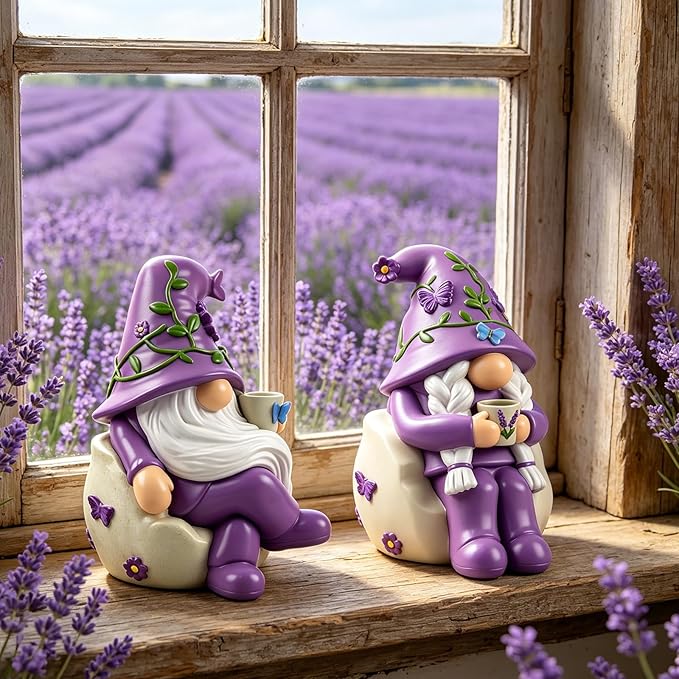 Lavender Gnome Garden Figurines 2 PCS Resin Summer Decorations Indoor Collectible Ornaments Outdoor Yard Decor for Table, Home, Shelf