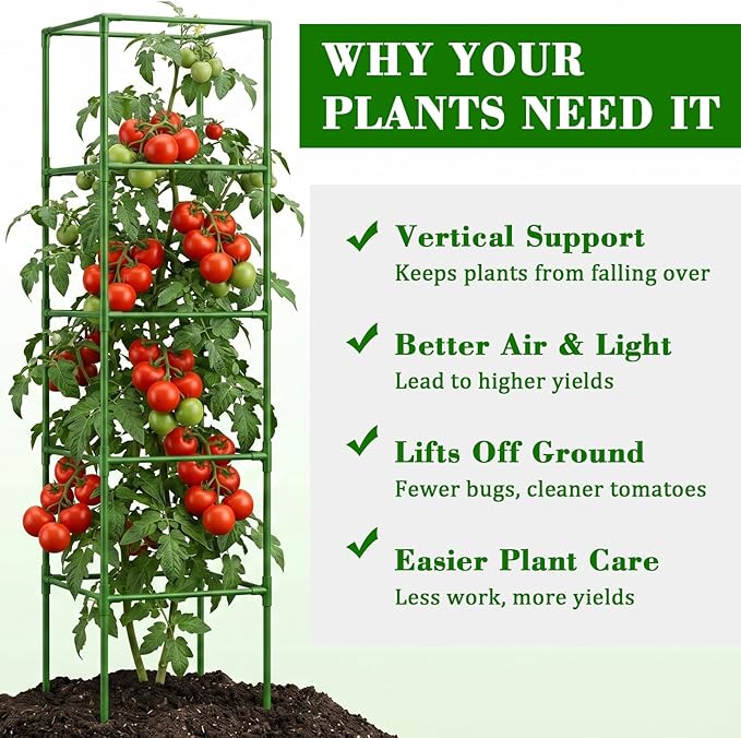 ZeeDix 72 Inches Heavy Duty Tomato Cages, 2 Pack Square Adjustable Tomato Trellis with 40Pcs Clips, Extra Tall Plant Support Stakes for Climbing Vegetables, Flowers, Raised Garden Bed & Pots