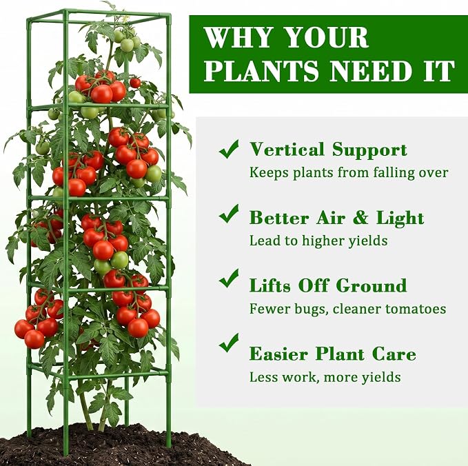 ZeeDix 6 Pack Heavy Duty Tomato Cages, 72 Inches Square Adjustable Tomato Trellis with 40Pcs Clips, Extra Tall Plant Support Stakes for Climbing Vegetables, Flowers, Raised Garden Bed & Pots