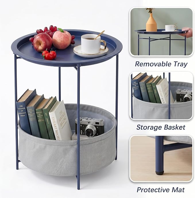 VECELO Round Side/End Table with Fabric Storage Basket，Metal Anti-Rust and Waterproof Small Bedside Nightstand with Removable Tray Top for Living Room，Balcony & Laundry，Blue /2pcs with Basket