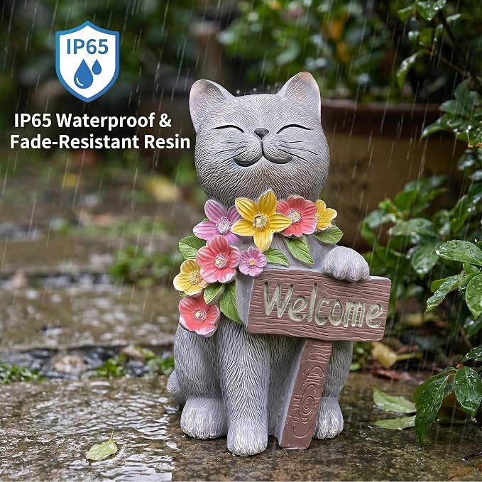 Solar Cat Garden Statue for Outdoor Decor, Cat Solar Light with Flowers, Resin Welcome Cats for Garden, Yard, Lawn Decor, Cats Lover Gifts for Women