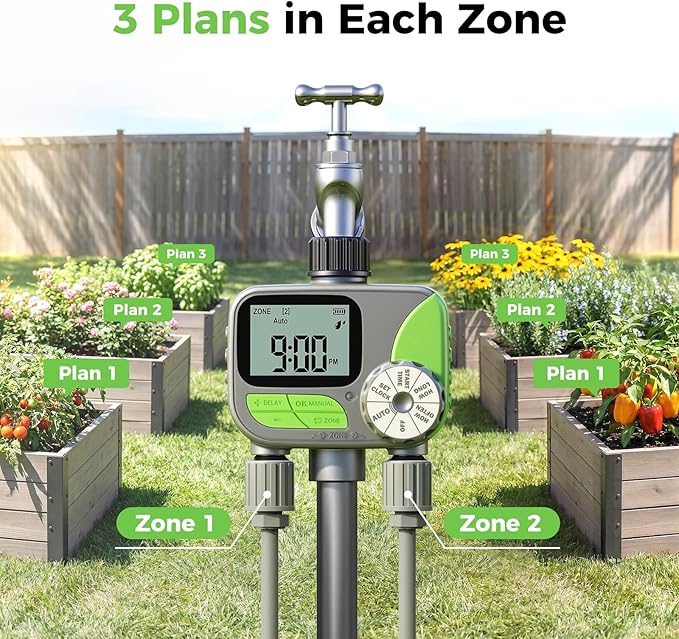 Sprinkler Timer- Hose Timer for Garden Hose, Programmable Watering Timer with Rain Delay, Outdoor Automatic & Manual Drip Irrigation Controller System for Lawn Yard Greenhouse, 2 Outlets