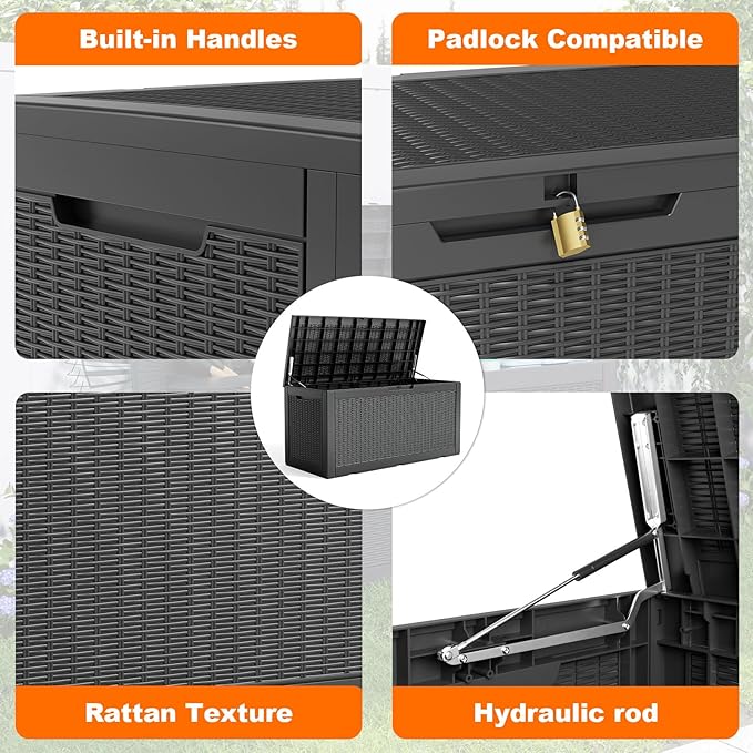 120 Gallon Outdoor Storage Box Waterproof, Resin Lockable Deck Box with Lid, Large Capacity Weatherproof Container for Patio Furniture Pool Accessories, Cushions(Black, 120 Gallon)