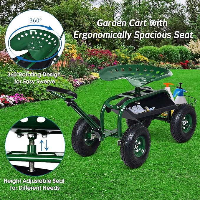 IRONMAX Garden Cart with Seat, Gardening Rolling Stool Scooter with 10’’ All-Terrain Wheels, Adjustable Steering Handle, Tool Tray and Basket, Outdoor Work Seat for Planting (Green)