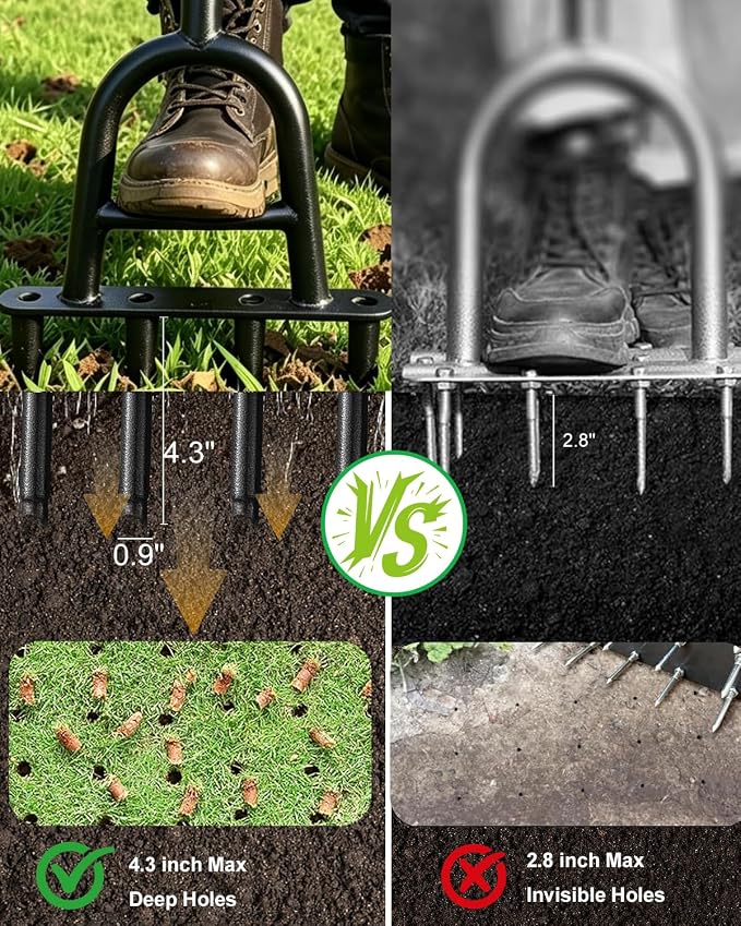 Manual Core Aerator Lawn Tool, Lawn Aerator Tool with 4 Hollow Tines, Plug Aerator 3-Piece Easy Assembly, 45" Ergonomic Yard Grass Aerator for Lawn, Compacted Soil Aeration