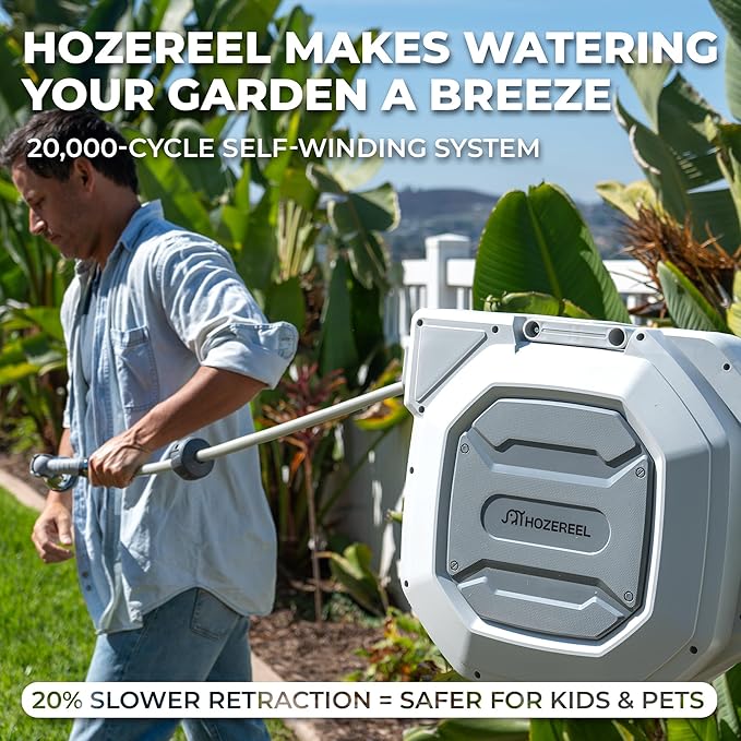 1/2" x 100+6 FT Heavy Duty Retractable Garden Hose Reel by HOZEREEL, Outdoor Garden Hose Reels - Self Retract Wall Mount Hose Reel Automatic Storage, Any Length Lock, 10 Pattern Nozzle Grey