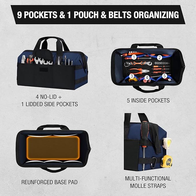 HISEA 3 Pack Heavy Duty Tool Bag with Storage Pockets, 13-Inch Tools Organizer Tote with Wide Base, Waterproof Durable Tool Bags with Zipper for Electrician, Tradesman (Blue)