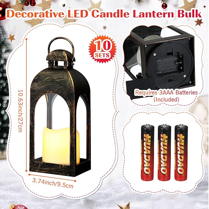 Tujoe 10 Pcs 10 Inch Decorative Candle Lantern Bulk for Wedding Centerpieces Lanterns with LED Flameless Candle Indoor Outdoor Hanging Lights for Wedding Party, Battery Included (Dark Bronze)