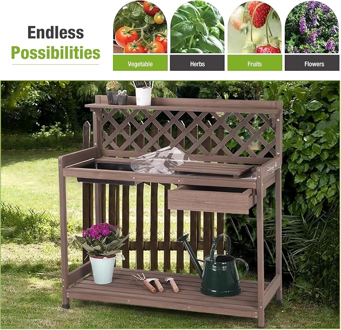 GUTINNEEN Potting Bench Outdoor Gardening Work Bench with Sink & Lid, Wooden Planting Table for Outside with Storage, Drawer, Shelf, Hook