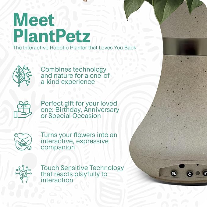Interactive Robotic Vase for Flower Bouquets - Rustic Sand Speckled| Bluetooth Capable, Touch Sensitive Floral Holder | Record a Message for Mother's Day, Birthdays and More| 6x8.5 Inches