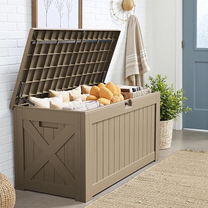 JUMMICO 120 Gallon Resin Deck Box, Large Outdoor Storage Box Waterproof & Lockable for Garden, Patio, Pools (Light Brown)