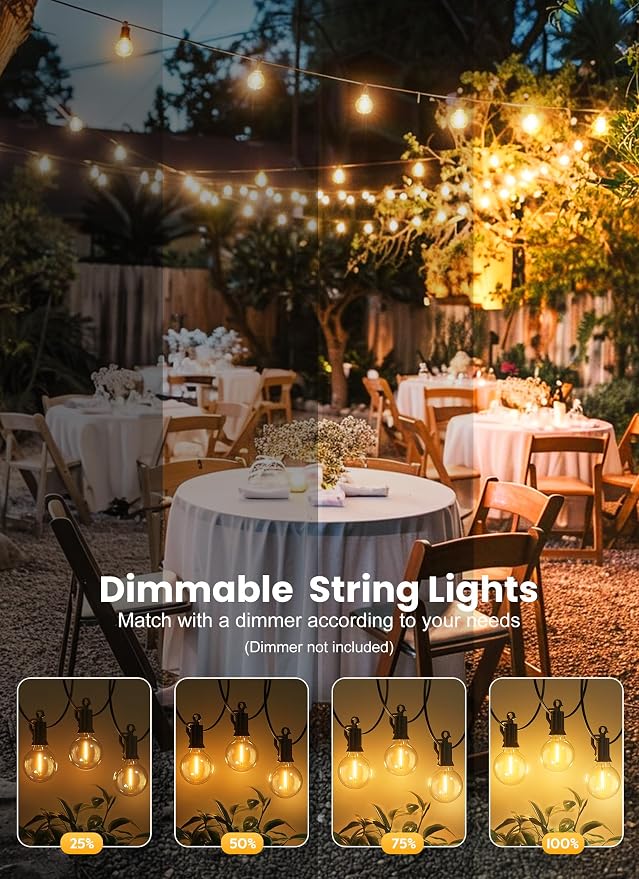 Brightown Outdoor String Lights, 100FT 100+2 G40 Bulbs Shatterproof Patio Lights, IP65 Waterproof Dimmable Hanging Connectable Globe LED Outdoor Lights for Backyard, Bistro, Porch, Deck, Balcony