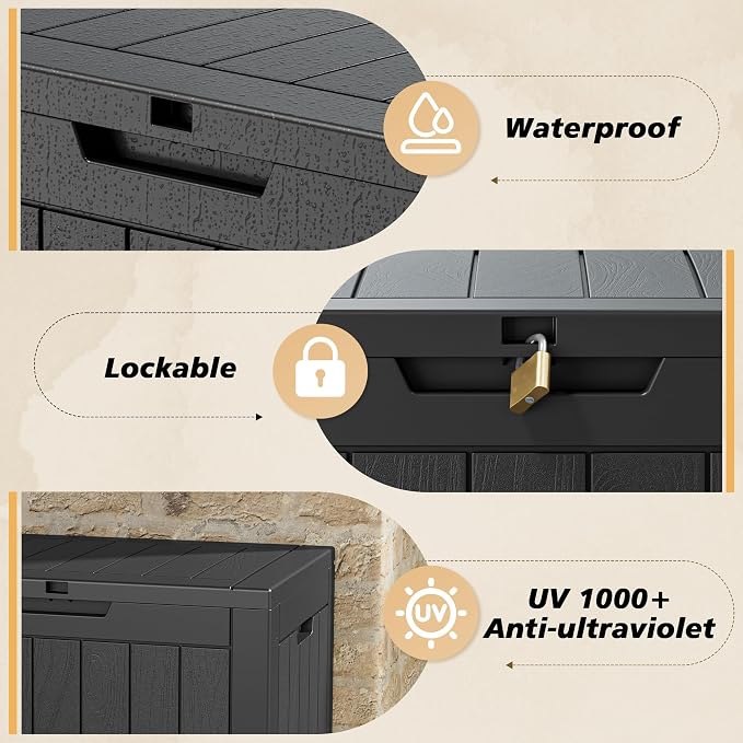 Fancyango 32 Gallon Outdoor Deck Box Waterproof, 2 Packs Storage Box for Patio, Resin Storage Bench Lockable for Garden Tools, Package Delivery, Black