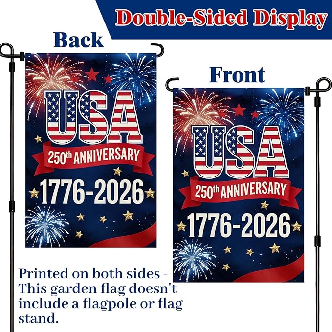 250 Anniversary USA Garden Flag, Double Sided Waterproof Patriotic USA Flag 1776-2026, Outdoor Yard Decor (12x18'')