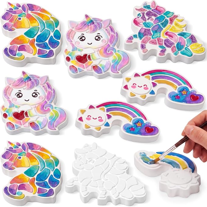 Lewtemi 8 Pcs Paint Your Own Stepping Stones for Craft, DIY Plaster Stepping Stones Garden Decor Painting Art Set for Art Class, Summer Activities & Home Decor (Unicorn)