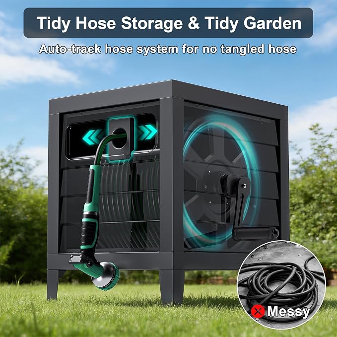 Metal Garden Hose Reel Box, Heavy Duty 150Ft 5/8" Large Capacity Hose Storage Deck Box with Hose Guide, 6Ft Leader Hose, Leak-Proof Aluminum Water Connection, Manual Crank Handle (Dark Brown)