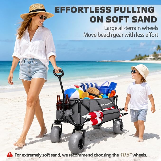 X800 Heavy Duty Beach Wagon with 9x4 Balloon Wheels – 200L Foldable Wagon Cart, 41" Collapsible Utility Wagon with Side Bag for Beach Essentials, Sports, Camping & Outdoor (Charcoal Gray)