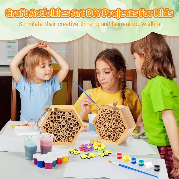 Leinuosen Mason Bee House Crafts for The Garden Handmade Natural Wooden Bees Hive with Dly Painting Kits Bees Hotel Bamboo Tubes for Bee Festival Pollinators Enhance Your Garden's Product
