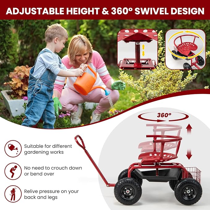 Byroce Rolling Garden Cart with Seat, Heavy Duty Wheelbarrow Utility Cart with Metal Frame, Swivel Seat, Tool Tray, Storage Basket & Adjustable Handle, Outdoor Garden Wagon Scooter for Yard (Red)