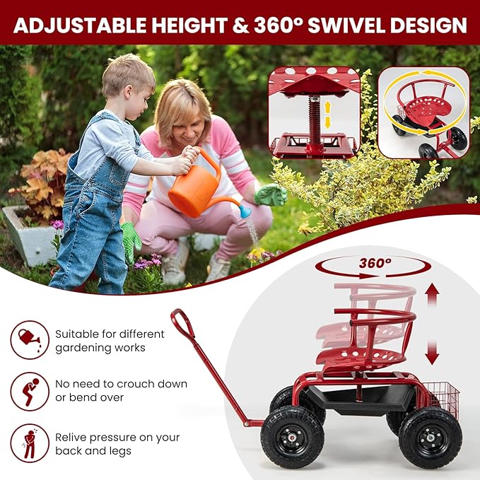 Garden Cart with Seat, Heavy-Duty Rolling Wagon Scooter with Wheels, Height Adjustable & 360° Swivel Seat, Storage Tray, Basket & Handle, Outdoor Gardening Work Seat for Patio Yard(Green)