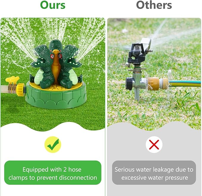 MoKo Dinosaur Sprinkler for Kids-Cute Outdoor Water Toy Spray Swimming Pool Toy with 2 Hose Clamps 3 Nozzles Fun Summer Play Water Toys for Backyard Lawn Garden Game Activities Pet Boys Girls, Green