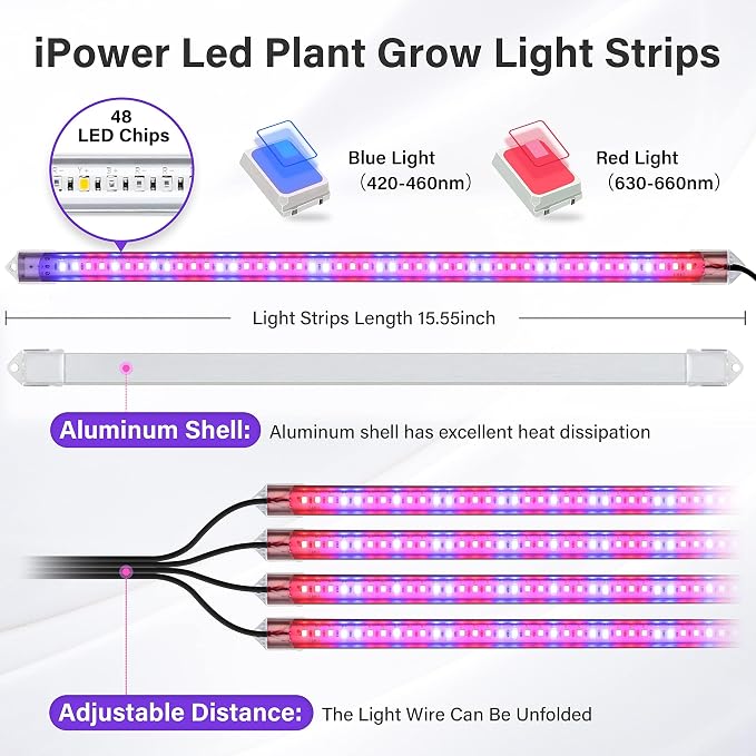 iPower 2Pack 60W LED Grow Lights with Full Spectrum Plant Growing Light Strips for Indoor Plant with Auto ON/Off 3/9/12H Timer, 10 Dimmable Levels 48 LEDs Per Tude, 4 Tubes, Red&Blue