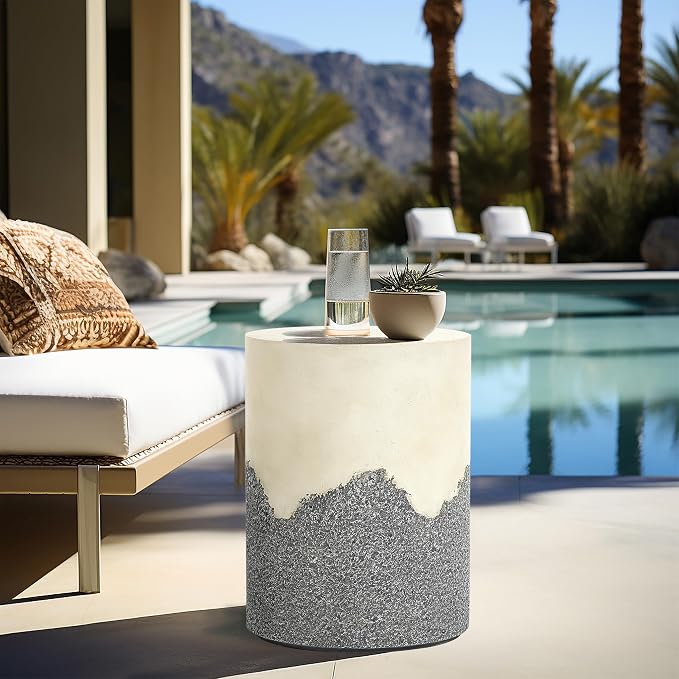 LuxenHome Gray and Cream Cement Round Outdoor Side Table, Set of 2