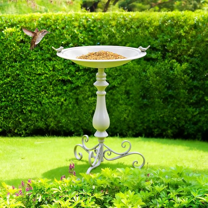 Newtay 27.25" Ornate Metal Pedestal Style Birdbath with Cast Iron Vintage Birds Baths for Outdoors on Rim Full Base Standing Bird Bath Tray for Garden Yard Decoration Not Easy to Rust (Beige)