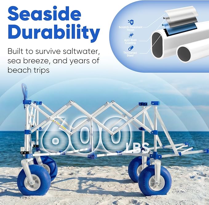 Sekey Heavy Duty Beach Wagon with 9" Big Sand-Proof Wheels, 300L Oversized Foldable Beach Cart with Cooler| Adjustable Handle & Balloon Tires for Sand, Camping,Vacation