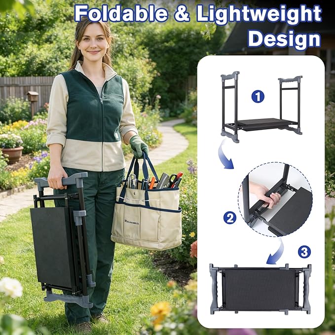 Garden Kneeler and Seat, Extra Wide Thick EVA Pad, Heavy Duty Foldable Garden Bench Holds 350lbs, Ergonomic Kneeling Stool with Garden Tool Pouches, Gardening Gifts for Women, Men & Seniors
