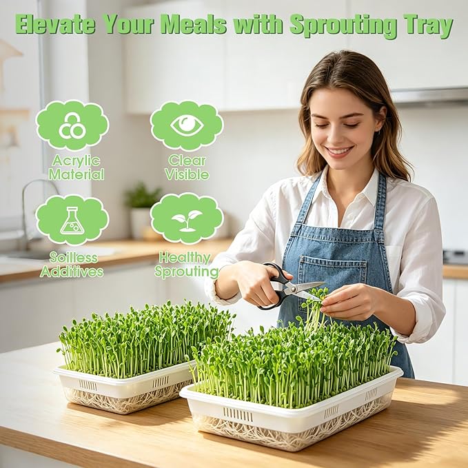 3 Pack Hard Acrylic Microgreens Growing Trays, Visual Soilless Sprouting Kit with Silicone Mats & Spray Bottle, Seed Germination Tray for Wheatgrass, Cat Grass & Vegetables