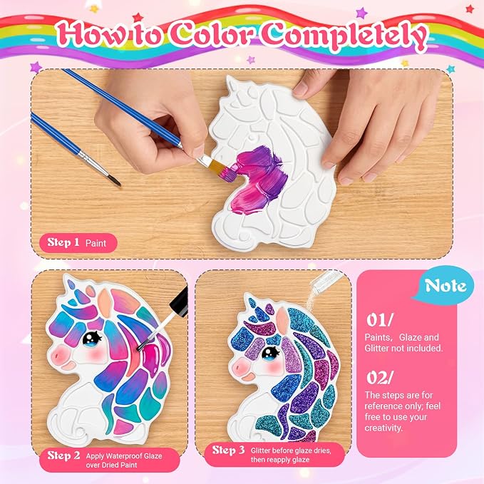 Lewtemi 16 Pcs Paint Your Own Stepping Stones for Craft, DIY Plaster Stepping Stones Garden Decor Painting Art Set for Art Class, Summer Activities & Home Decor (Unicorn)