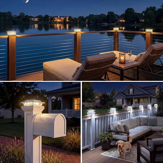 kolpop 4x4 Solar Post Cap Lights Outdoor 8Pack- 3 Color Temperatures&2 Level Brightness, IP65 Waterproof, 16 LED Fence Deck Post Light Solar Powered Only for 4×4/3.5×3.5 Wood/Vinyl Posts(White)